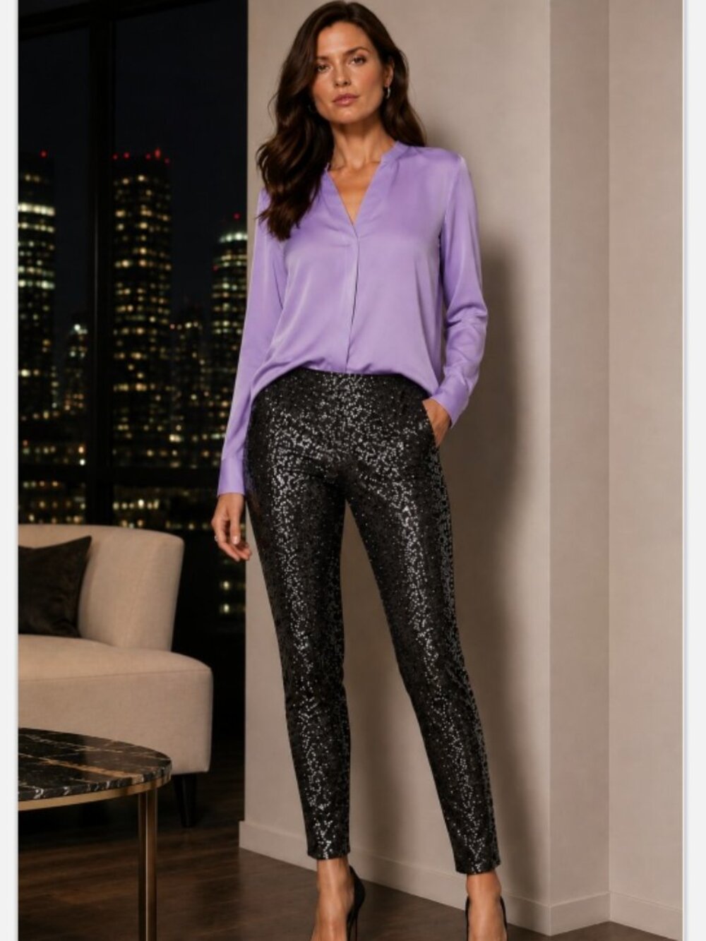 RALPH LAUREN Black Label Sequin Evening Cigarette Pants, Size Large